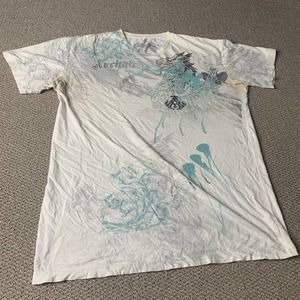 Archaic Mens T-Shirt XL White‎ Graphic Dragon Print Short Sleeves Cotton Stained